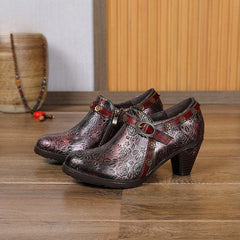 Socofy Ethnic style thick heel retro shoes pumps