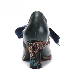Socofy Summer flower blue ethnic style high-heeled ribbon lace-up women's shoes