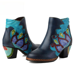 Socofy Vicconfy Retro Pattern Leather Zipper Ankle Boots