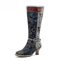 Socofy Genuine Leather Vintage Boots Warm Lace Side Heeled Boots