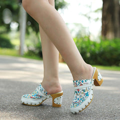 Socofy Handmade Leather Crushed Flower Rustic Casual Fashion Comfortable High Heeled Sandals