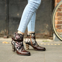 Socofy Vicconfy Genuine Leather French Vintage Print Heeled Women's Boots
