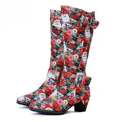 Chrismas Exclusive|Socofy Vicconfy Vintage Print Casual Chunky Heel Comfort High Boots