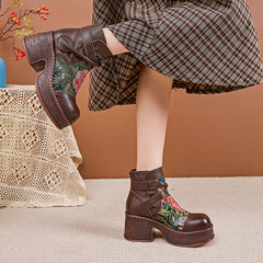 Socofy Retro Cowhide Leather Chunky Heel Platform Boots