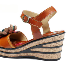 Socofy summer on leather retro three-dimensional flowers casual comfortable sloping sandals