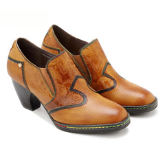 Socofy genuine leather retro style women's thick heel high heels