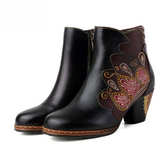 Socofy Vicconfy Retro Pattern Leather Zipper Ankle Boots