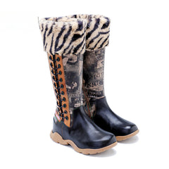 Socofy Vicconfy Printed Patchwork Padded Comfort Flat High Boots