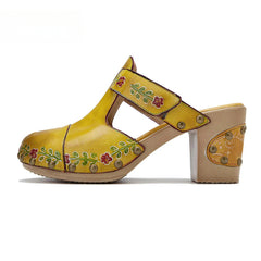 Socofy Spring and summer new spot genuine leather retro floral Baotou comfortable thick heel clogs and sandals