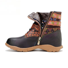 Socofy Vicconfy Leather Handmade Color Rubbed Printed Belt Buckle Flat Women's Boots