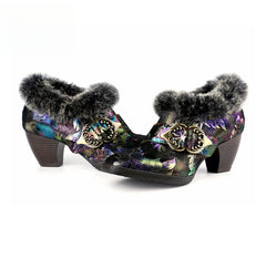 Socofy Vicconfy Genuine Leather Vintage Genuine Wool Patchwork Vintage Illusion Pumps