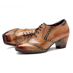 Socofy Genuine Leather Retro Brown Strappy Thick Heel Women's High Heels