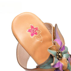 Socofy Vicconfy Flower Patchwork Head Cowhide High Heel Women's Sandals Slippers