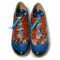 Socofy Vintage Handmade Bohemian Brogue Printed Heels Shoes