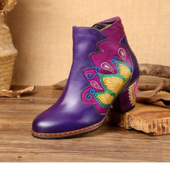 Socofy Vicconfy Retro Pattern Leather Zipper Ankle Boots