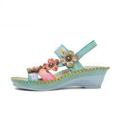 Socofy Vicconfy Genunie Leather Floral Handmade Women's Sandals