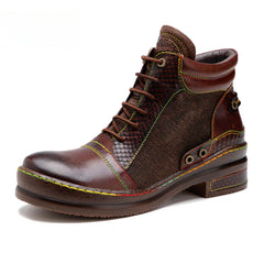 Socofy Vicconfy Genuine leather lace-up vintage biker boots