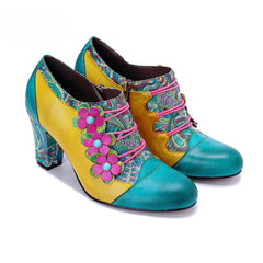 Socofy Leather Genuine Leather Vintage Floral Chunky Heeled Pumps