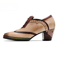 Socofy new spot genuine leather retro style contrasting brogue casual women's thick heel high heels