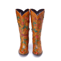 Socofy Winter Vintage Leather Floral Boots