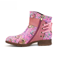 Socofy Vicconfy Retro Leather Blossom Casual Comfort Ankle Boots