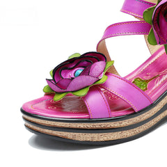 Socofy summer leather three-dimensional flowers comfortable sloping sandals