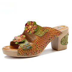 Socofy Spring and summer genuine leather retro flower comfortable thick heel high heel sandals