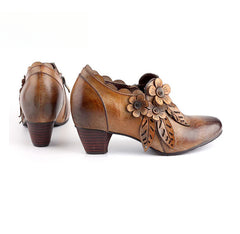 Socofy Genuine Leather Handmade Vintage Fashion Side Zipper High Heels Women's Shoes