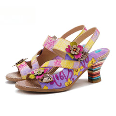 Socofy new summer style genuine leather retro three-dimensional flower rainbow and wine glass sandals for women