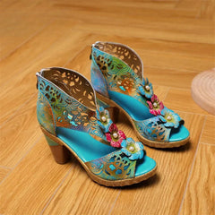 Socofy Genuine Leather Mixed Colors Zip Handmade Flower Sewing Retro Platform Sandals