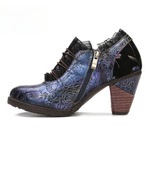 Socofy Vicconfy Genuine Leather Lace Trim Vintage Floral Illusion Heels