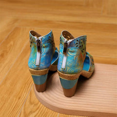 Socofy Genuine Leather Mixed Colors Zip Handmade Flower Sewing Retro Platform Sandals