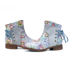 Socofy Vicconfy Retro Leather Blossom Casual Comfort Ankle Boots