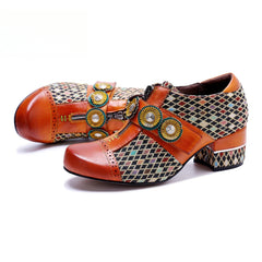 Socofy Genuine leather vintage plaid three-dimensional flowers pumps