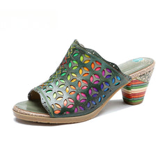 Socofy summer leather rubbed retro colourful hollow out high heel sandals