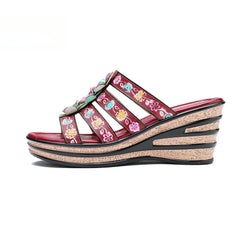 Socofy Summer Leather Vintage Flower Slope Heel Sandals Slippers