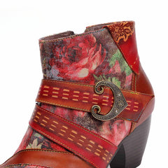 Socofy Retro leather stitching high ethnic style flower women's boots
