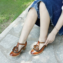 Socofy spring genuine leather retro Mary Jane high-heeled shoes