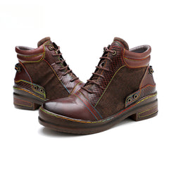 Socofy Vicconfy Genuine leather lace-up vintage biker boots