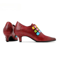 Socofy Red Leather Vintage Buckle High Heels Women's Shoes