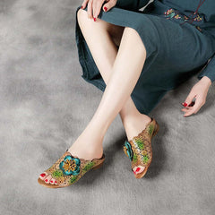 SocofyGenuine Leather Outside Slides Floral Leisure Retro Handmade Sewing Lady Slipper
