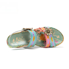 Socofy Vicconfy Genunie Leather Floral Handmade Women's Sandals