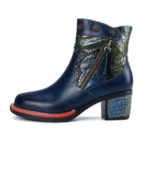 Socofy Vicconfy Women's Martin Boots Leather Patchwork Ethnic Vintage Short Boots