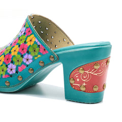 Socofy leather rubbed colour vintage floral casual fashion high heeled sandals