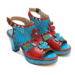 Socofy summer genuine leather retro hollow design high heel sandals