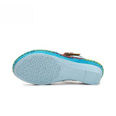 Socofy summer fashionable flower women's shoes ethnic style retro casual leather wedge slippers