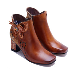 Socofy Retro Handmade Leather Butterfly Side Zip Heeled Boots