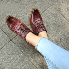 Socofy leather retro British style dark flower texture women's thick heel flat shoes