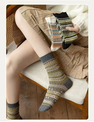 Socofy Vicconfy Mid-calf Socks Vintage Ethnic Striped Cotton Socks