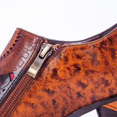 Socofy thick heel low top round toe eyelte deco women's retro heels pumps